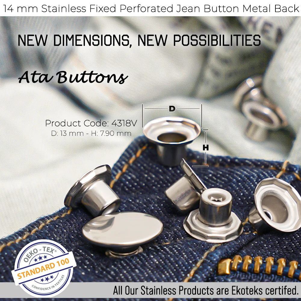 New Production - 14 mm Stainless Perforated Fixed Jeans Button Metal Back