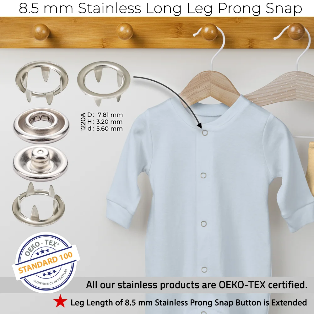 New Production - 8.5 mm Stainless Long Leg Prong Snap Button