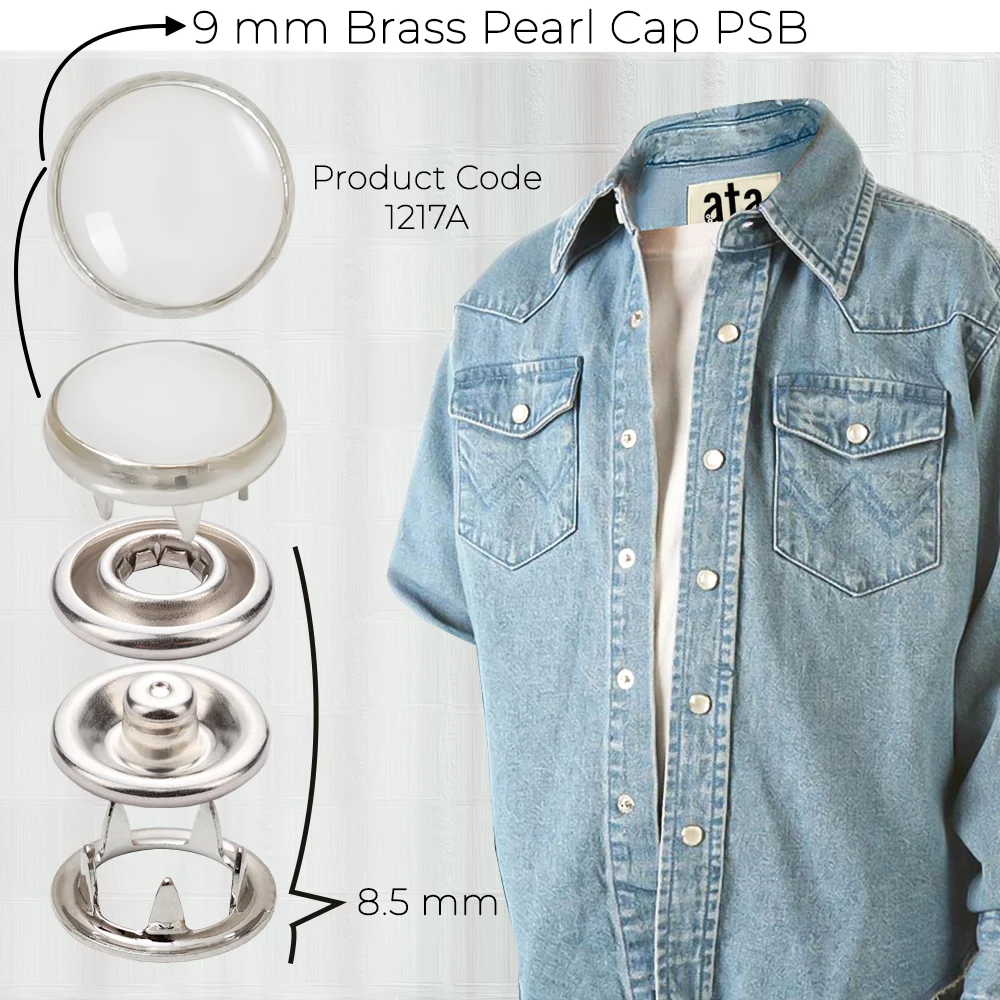 New Production - 9 mm Brass Pearl Cap Prong Snap Button