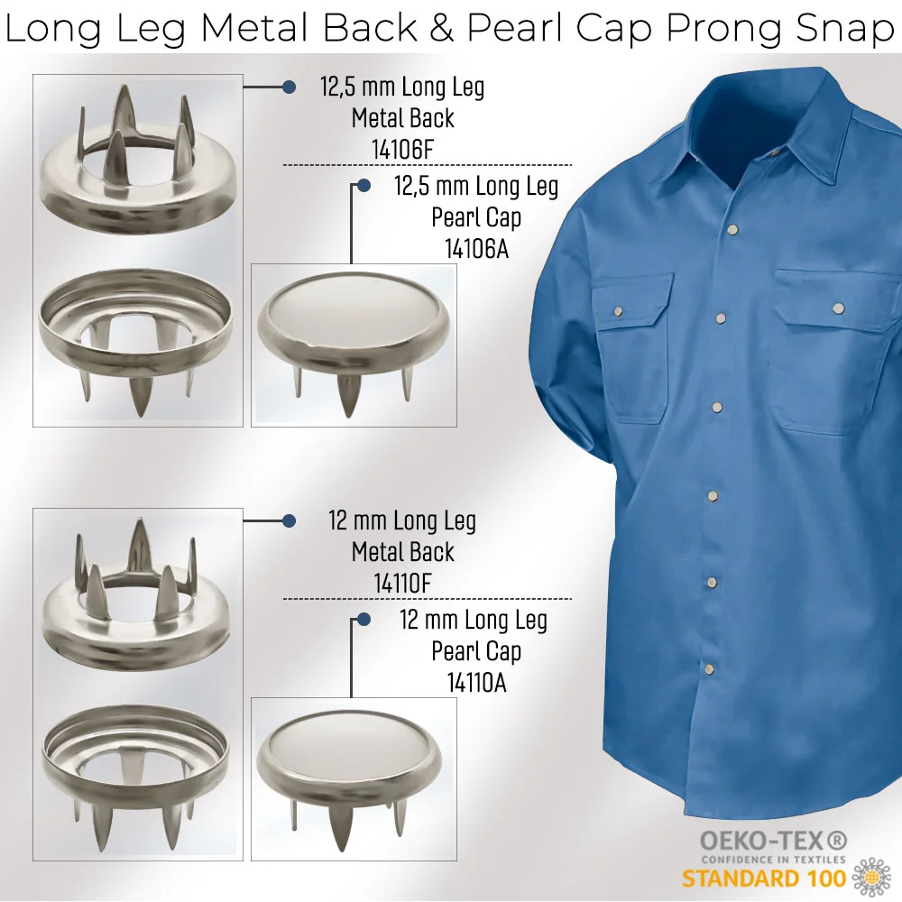 New Production - Long Leg Metal Back & Pearl Cap Prong Snap Button